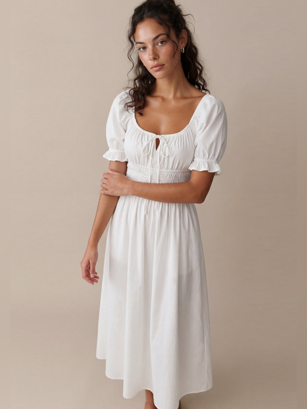 Few Moda Sorella Fenella Cotton White Puff-Sleeve Midi Dress